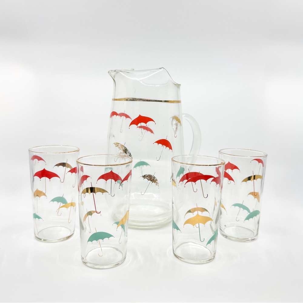 Vintage MCM Umbrella Pitcher Tumbler Set 5pc 1950s 60s Multicolor Gold Rim